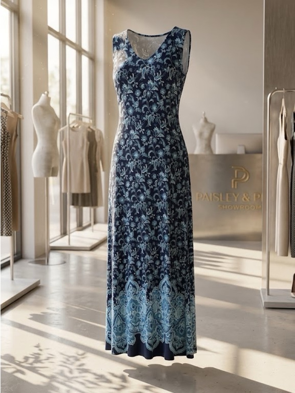 Chico's Blue Paisley Floral Border Maxi Dress | Size 1 (8-10)